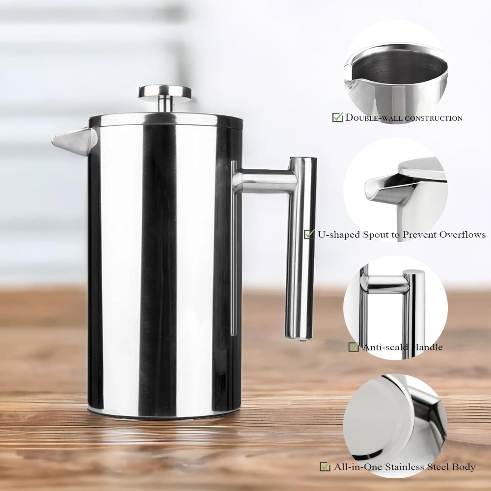 French Press Coffee Maker - フレンチプレスコーヒーメーカー、304ステンレス鋼二重壁断熱構造で滑らかな粉砕不要のコーヒーを実現、鏡面仕上げ、黒色