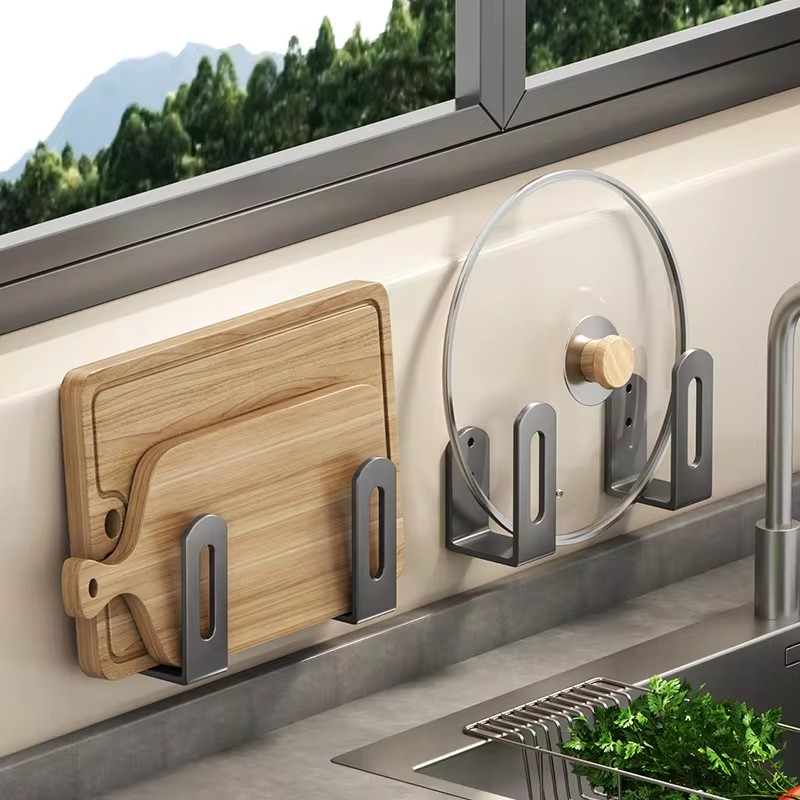 Kitchen Gadgets Storage Ideas - 2 ピース/セット鍋蓋ラックポットカバーまな板ホルダースポンジ収納棚キッチン浴室壁掛けオーガナイザーラック Accessori