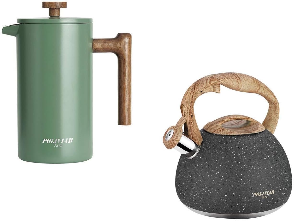 French Press Coffee Maker - POLIVIAR 34オンス フレンチプレス コーヒーメーカー＆2.7クォート ティーケトル コンボパッケージ、食品グレードのステンレススチール製で美味しいコーヒーと紅茶を提供