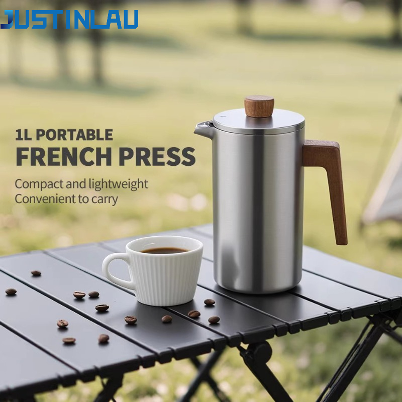 French Press Coffee Maker - JUSTINLAU 1000ml ステンレス鋼フレンチプレスポット 家庭用コーヒー＆ティーメーカー 木製ハンドル＆目盛り付き アウトドアキャンプ用コーヒーポット