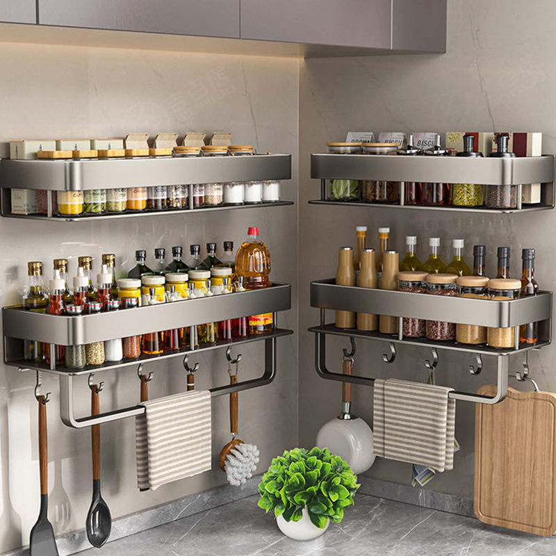 Kitchen Gadgets Storage Ideas - アルミ製キッチンラック キッチン棚 トイレ収納 穴あけ不要 吊り下げラック バスルームオーガナイザー