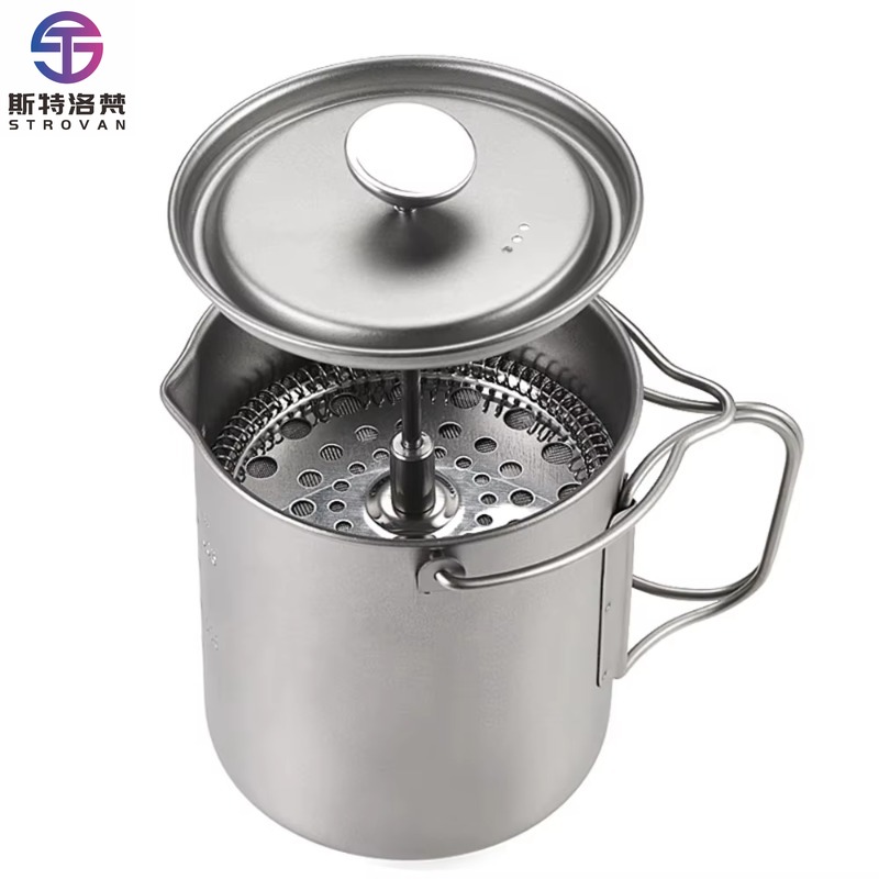 French Press Coffee Maker - 750mlチタン製フレンチプレスコーヒーメーカー、蓋付き、アウトドアキャンプ用軽量コーヒーカップポット