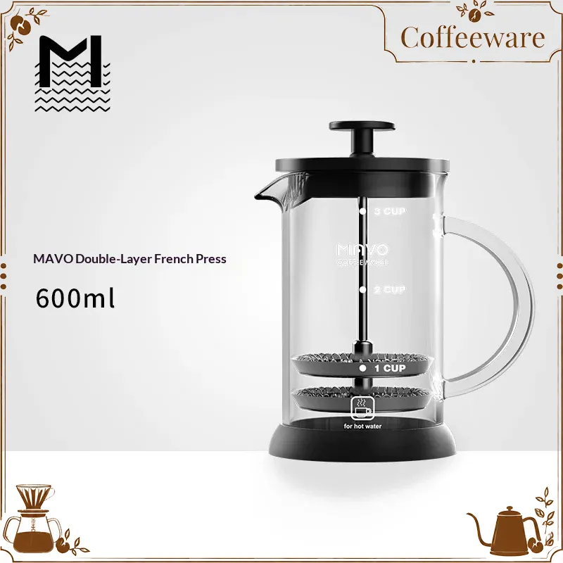 French Press Coffee Maker - MAVO フレンチプレスコーヒーメーカー ダブルメッシュフィルター 2カップ ポータブルガラスフィルターポット 家庭用コーヒー紅茶醸造