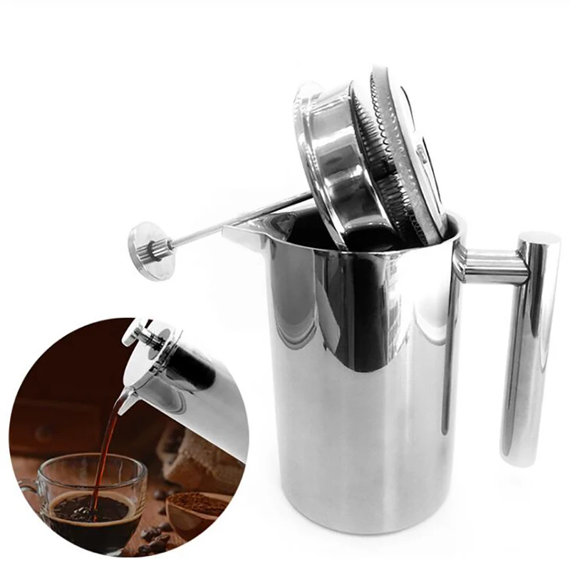 French Press Coffee Maker - 二重壁断熱コーヒーポットフィルター耐熱フレンチプレスコーヒーメーカー錆びない食品グレードティーメーカープランジャーミキサー