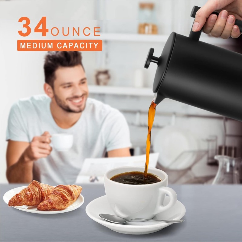 フレンチプレスコーヒーメーカー 34オンス ステンレス製 ベ - French Press Coffee Maker のレビューと価格