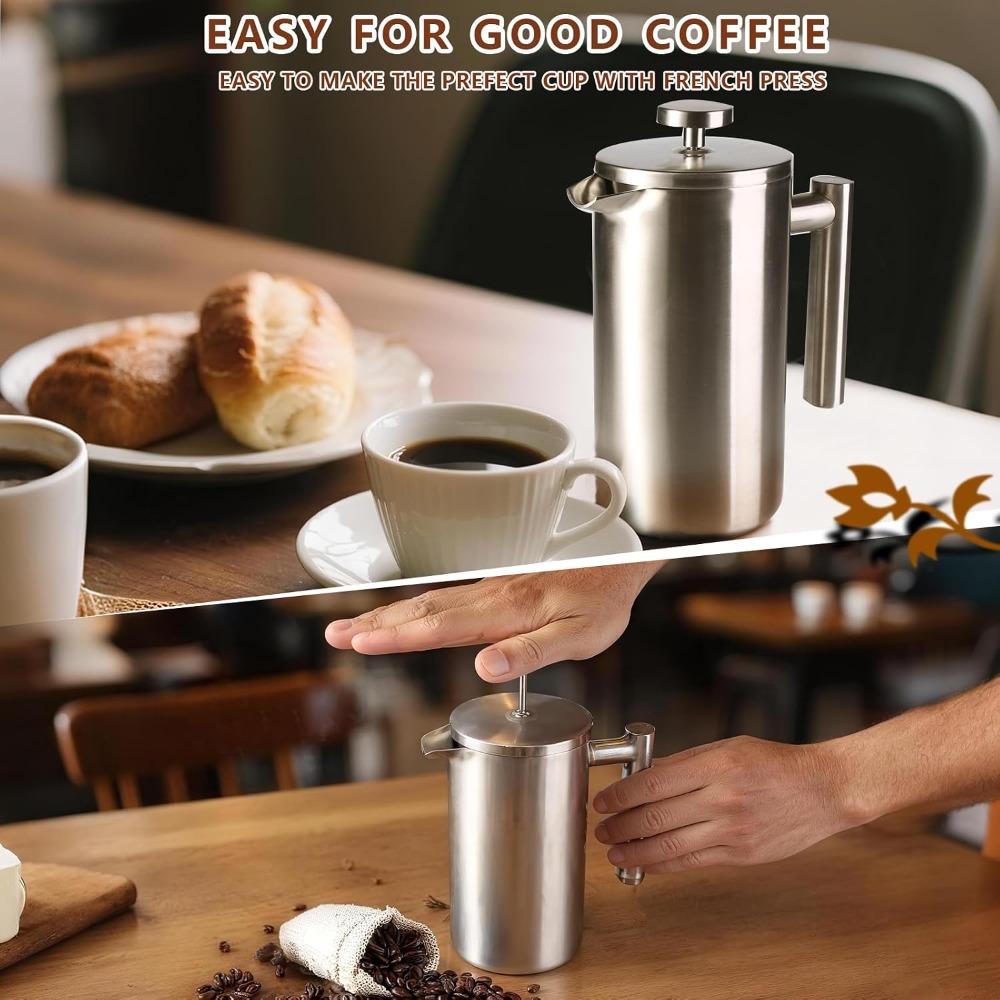 フレンチプレスコーヒーメーカー、304ステンレス鋼二重壁断熱 - French Press Coffee Maker のレビューと価格